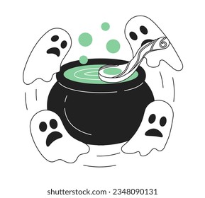 Cauldron con fantasmas en Halloween monocromo concepto vectorial ilustración de spot. Cocina mágica con maquetación de dibujos animados 2D planos bw para diseño de interfaz de usuario web. Imagen de héroe dibujado a mano editable aislada