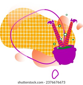 Cauldron and girls legs, spots and shapes, checkered texture, line.  Frame, place for placing a photo, text, logo, etc. Clipart. Isolated element.	 