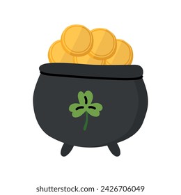 cauldron with gold coins in cartoon style