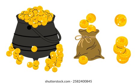 Cauldron with gold coins. Full bag of gold coins. Money. Clover symbol of luck. Set of flat vector illustrations of coins.