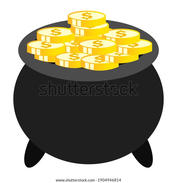 Cauldron with gold coins, leprechaun treasure\
icon isolated on white\
background