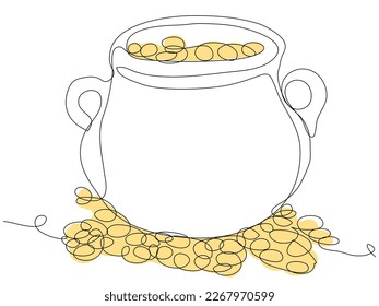 Caldera con monedas de oro en una línea sobre fondo blanco. La riqueza de Leprechaun para el Día de San Patricio. Ilustración vectorial de material con trazo modificable.