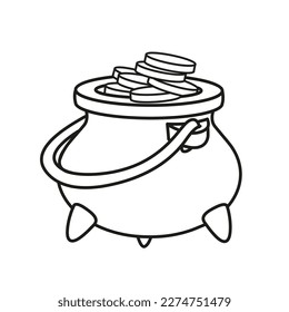 Cauldron with gold coins outlined for coloring page on white background