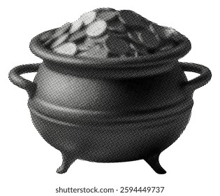 cauldron of gold coins pot isolated on white background retro halftone grunge dotted cut-out st. patrick's day leprechaun folklore legend luck collage element for mixed media design magazine style