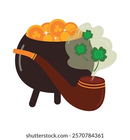 Cauldron with gold coins and smoking smoking pipe, elements for St. Patrick's Day. Traditional Irish holiday symbol. Pot with money and wealth, treasures. Good luck. Vector illustration on white