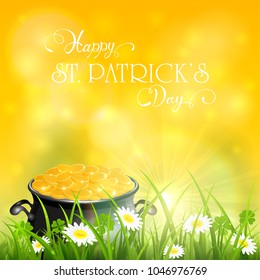 Cauldron with gold of leprechaun in grass and clover on yellow sunny background. Holiday lettering Happy St. Patrick's Day, illustration.