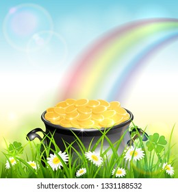 Cauldron with gold of leprechaun in grass with clover and colorful rainbow. St. Patrick's Day theme on blue nature background, illustration.