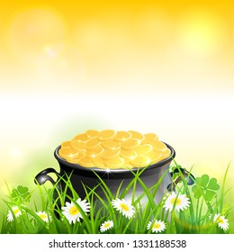 Cauldron with gold of leprechaun in grass with clover. St. Patrick's Day theme on yellow nature background, illustration.