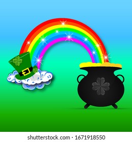 Cauldron with gold and a rainbow for St Patricks Day, vector art illustration.