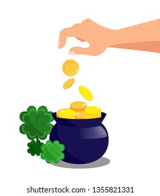Cauldron of Gold, Treasure Vector Illustration. Hand Throwing Gold Coins in Small Cast Iron Pot. Lucky Magic Leprechaun Kettle with Clover. Saint Patrick Day, Irish Holiday Celebration