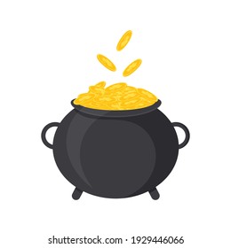 A cauldron of gold. Vector illustration for St. Patrick's Day. Isolated on a white background.