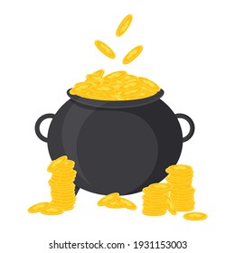 A cauldron of gold. Vector illustration for St. Patrick's Day. Isolated on a white background.