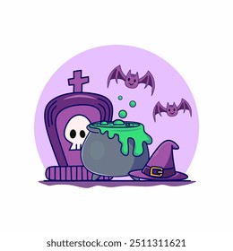 Cauldron, gravestone, hat witch and bat's illustration vector Halloween. Elements of Halloween cartoon. Halloween decorations. Purple cartoons.