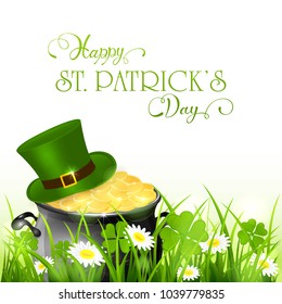 Cauldron with green hat and gold of leprechaun in grass and clover on white background, holiday lettering Happy St. Patrick's Day, illustration.