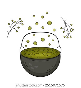 Cauldron of green liquid boils and bubbles. Witches cauldron with handle with potion, dry twigs. Isolated Vector illustration theme magic, Halloween, esotericism.