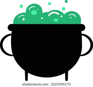 Cauldron with green magic boiling charmful bubble potion or fairy witching toxic poison soup Halloween design