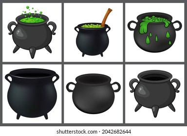 Cauldron with green magic potion and empty pot. Cartoon halloween icon set. Vector illustration isolated on white background.