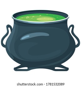 Cauldron of green potion. Halloween attribute in cartoon style.