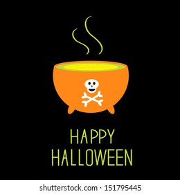 Cauldron with green potion.  Happy Halloween card. Vector illustration