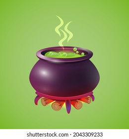 Cauldron with a green potion on the fire.