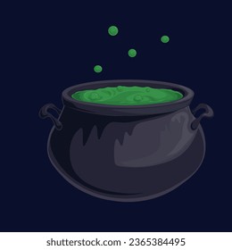 Cauldron with green potion. Vector illustration on a dark background.