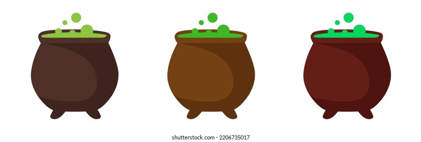 Cauldron of green potion. The witch's cauldron. Vector clipart isolated on white background.