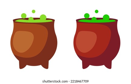 Cauldron of green potion. The witch's cauldron. Vector clipart isolated on white background.
