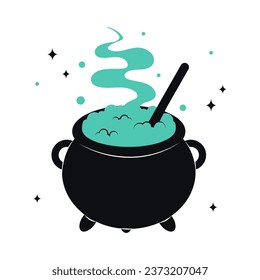 Cauldron with green witch poison. Scary Devils Cauldron Halloween Decoration. Vector cute illustration of black witch pot in trendy colors for postcard, flyer, banner. Happy Halloween.