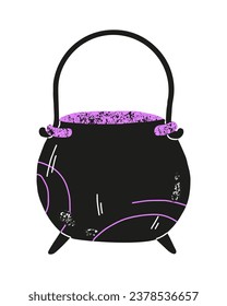 Witch’s cauldron with grunge texture in pink and black colours. Cartoon vector illustration in gothic style. Isolated on white background