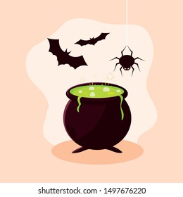 cauldron of halloween with bats flying and spider