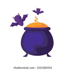 cauldron of halloween with bats flying vector illustration design