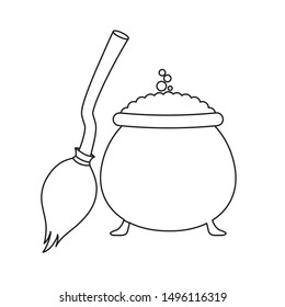 cauldron halloween with broom of witch