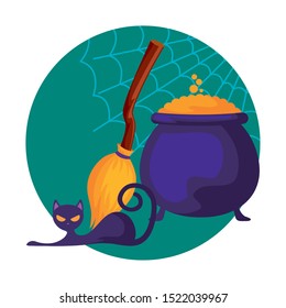 cauldron of halloween with broom witch and cat icon vector illustration design