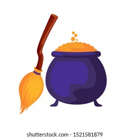 cauldron halloween with broom of witch vector illustration design
