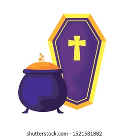 cauldron of halloween with coffin isolated icon vector illustration design