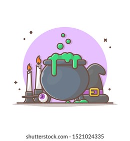 Cauldron Halloween Vector Icon Illustration. Cauldron And Witch Hat, Candles, Halloween Icon Concept White Isolated. Flat Cartoon Style Suitable for Web Landing Page, Banner, Sticker, Background