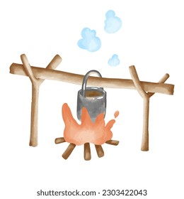 Cauldron hanging over fire on sticks with knot hand drawn watercolor element illustration.