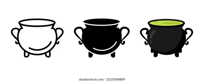 Cauldron icon. Cooking pot symbol. Magic cauldron vector illustration. Halloween witchcraft pot sign. Wizard or sorcerer wicked boiler art. Black poison potion silhouette. Halloween cauldron concept.