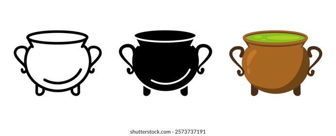 Cauldron icon. Cooking pot symbol. Magic cauldron vector illustration. Halloween witchcraft pot sign. Wizard or sorcerer wicked boiler art. Black poison potion silhouette. Halloween cauldron concept.