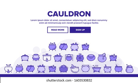 Cauldron Landing Web Page Header Banner Template Vector. Cauldron On Flame Campfire And With Bubbles, With Foam And Witch Hat Illustration