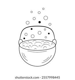 Cauldron of liquid boils and bubbles. Witches cauldron with handle with potion. Doodle Isolated Vector illustration theme magic, Halloween, esotericism.