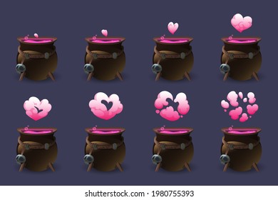 Cauldron with love potion motion sequence animation. Pink heart cloud of magic elixir appear from witch pot and then pass away. Ui design element for game, wizard poison isolated Cartoon vector set