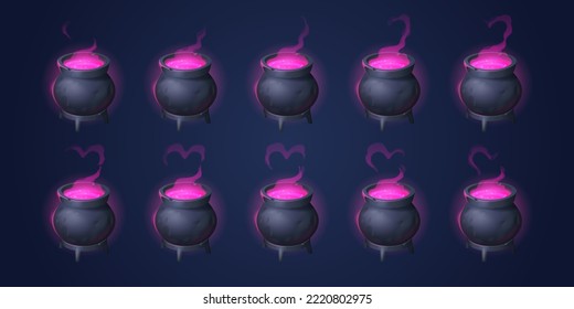 Cauldron with love potion motion sequence animation. Pink heart cloud of magic elixir appear from witch pot and then pass away. Ui design element for game, wizard poison isolated Cartoon vector set