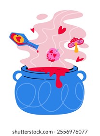 A cauldron with a love potion. Love spell and magic. Brewing a potion. Love and Valentine's Day.