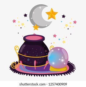 cauldron with magic crystal ball and moon with stars