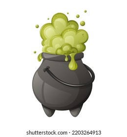 Cauldron with magic green potion. Boiling and bubbling pot. For Halloween party, witches. Cartoon vector illustration.
