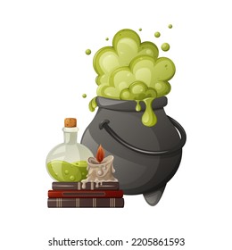 Cauldron with magic green potion. Boiling and bubbling pot. Potion in a glass flask, burning wax candle on witch books. Item for divination, spell. Vector illustration for Halloween