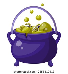 Cauldron with magic green potion bubbles, eye, worm. Halloween cauldron in cartoon flat style. A large magic gurgling potion in a cauldron with purple legs.