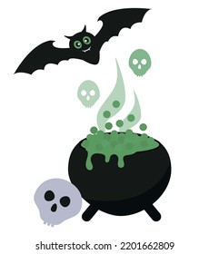 A cauldron with a magic potion, a bat and a skull. Halloween decorations. Flat illustration