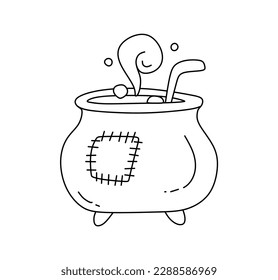 Cauldron with Magic Potion Black and White Vector Illustration Coloring Book for Kids